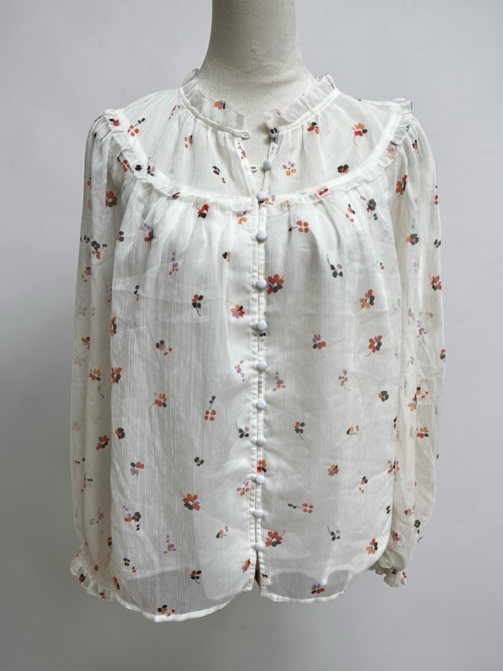 Ann Taylor Large Lightweight Cream Floral Button-Front Womens Blouse